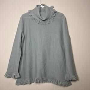 Vintage Nine West Women's Lambswool Sweater Fringed Turtleneck Sz XL Blue Boho